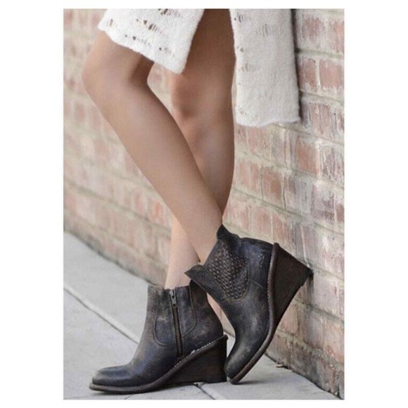 Bed Stu Shoes - Bed Stu Dark Brown Distressed Leather Wedge Ankle Boots
